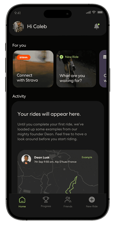 Ride app home dashboard showing Strava sync and recent activity
