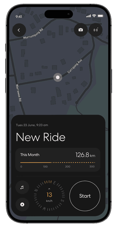Ride app new ride screen with map, speed, and start button