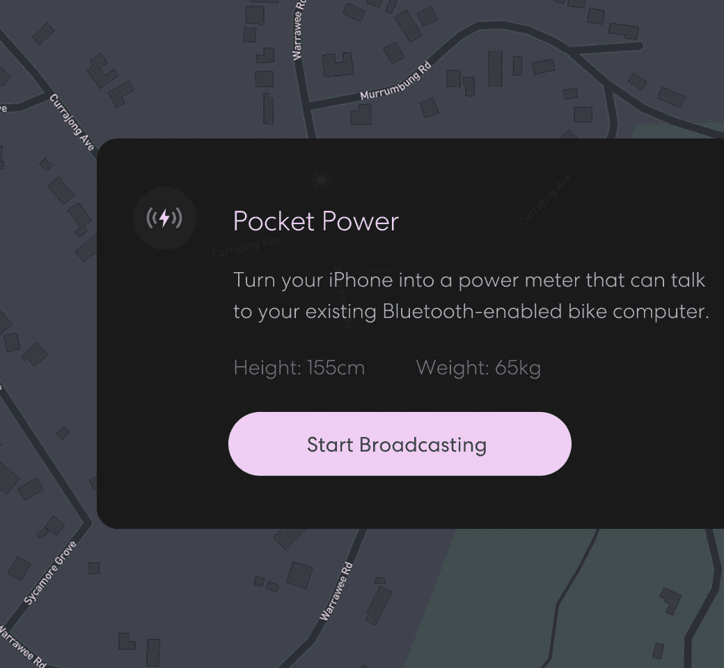 Pocket Power UI showing the broadcast modal with Start Broadcasting button