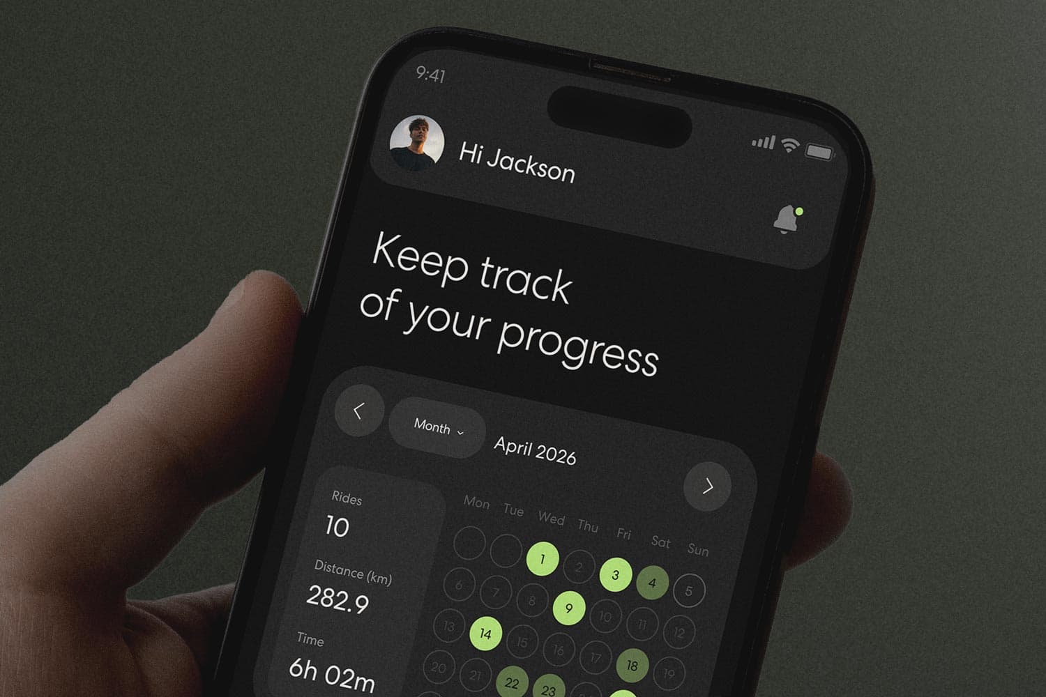 iPhone showing the Ride app dashboard with progress calendar