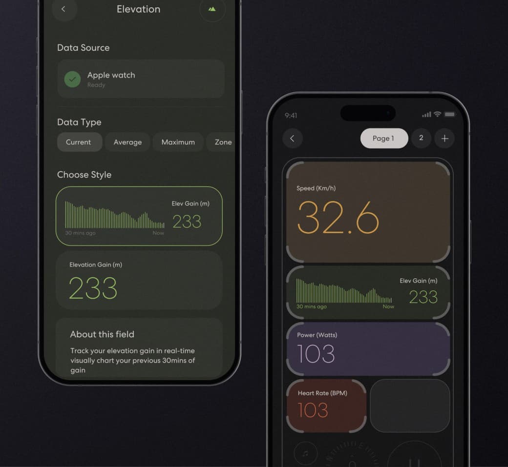 Two iPhones showing the Ride data field editor and a custom power layout