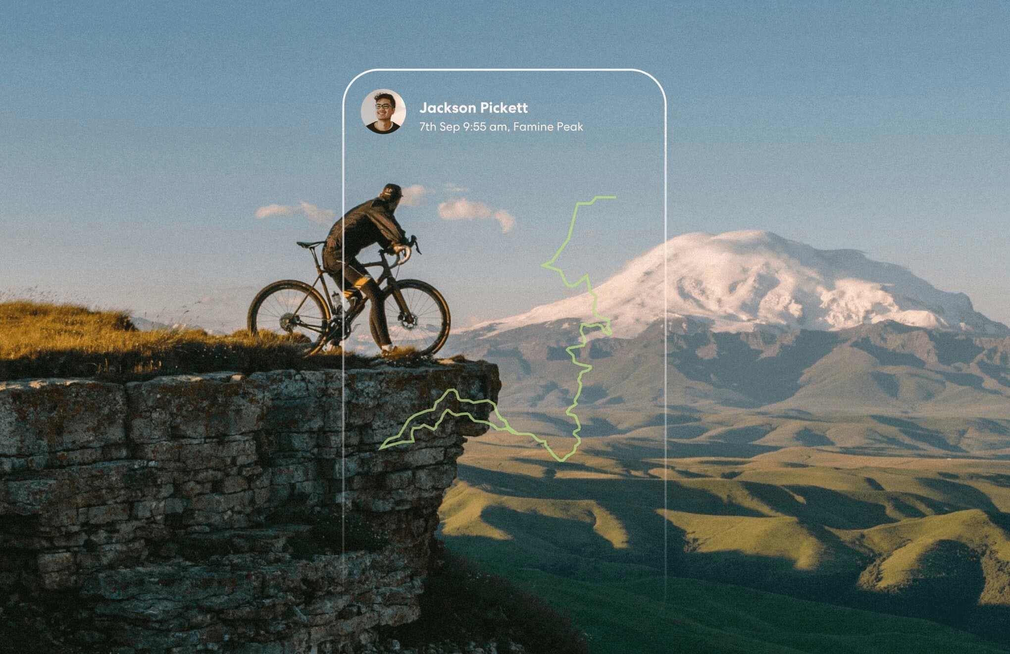 Cyclist on mountain cliff with Jackson Pickett social share card