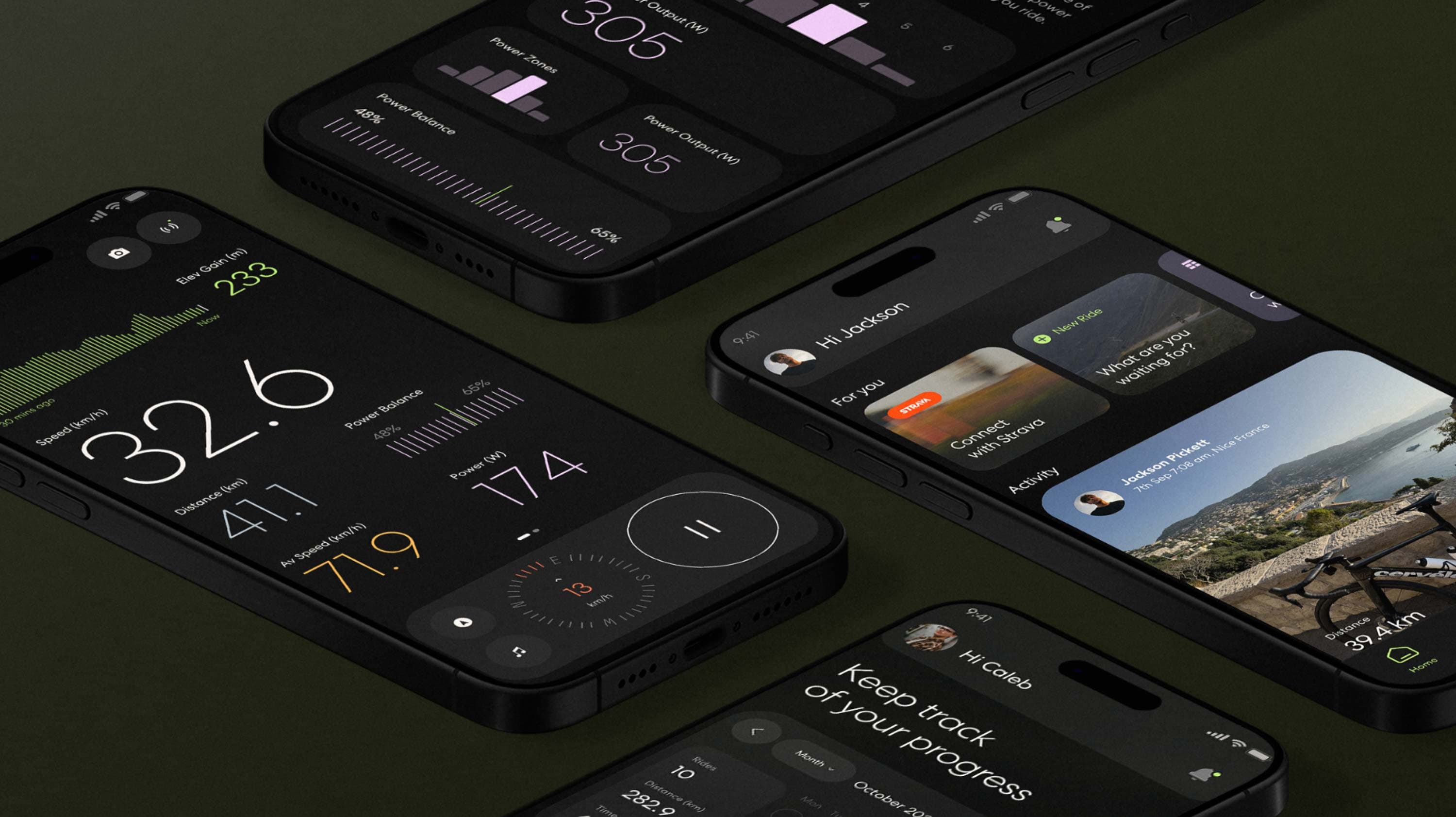 Multiple iPhone mockups showing Ride app features