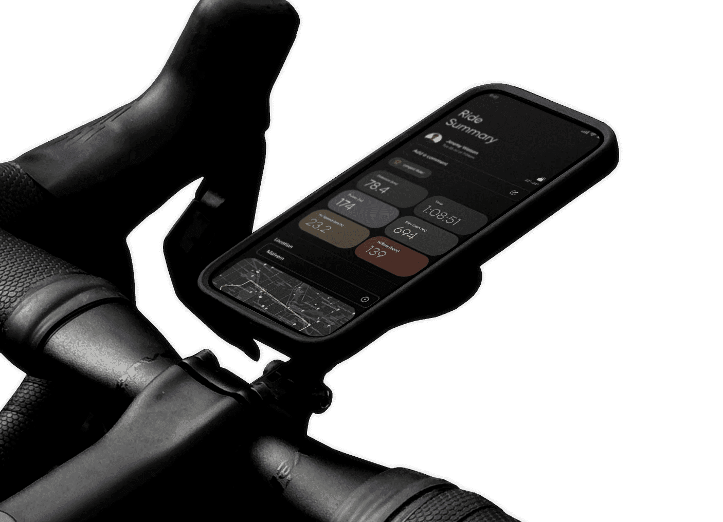 iPhone on handlebars showing Ride app summary screen