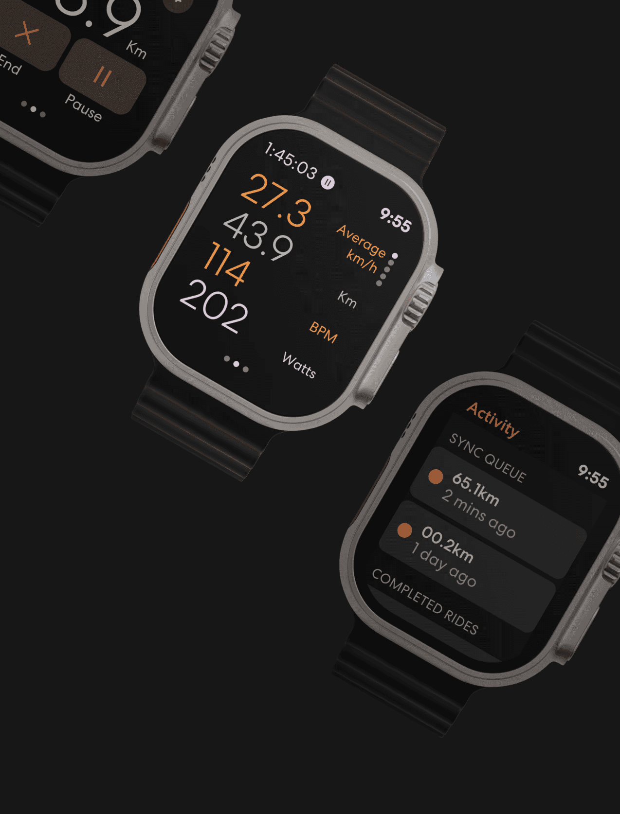 Three Apple Watches showing Ride app with metrics and activity sync